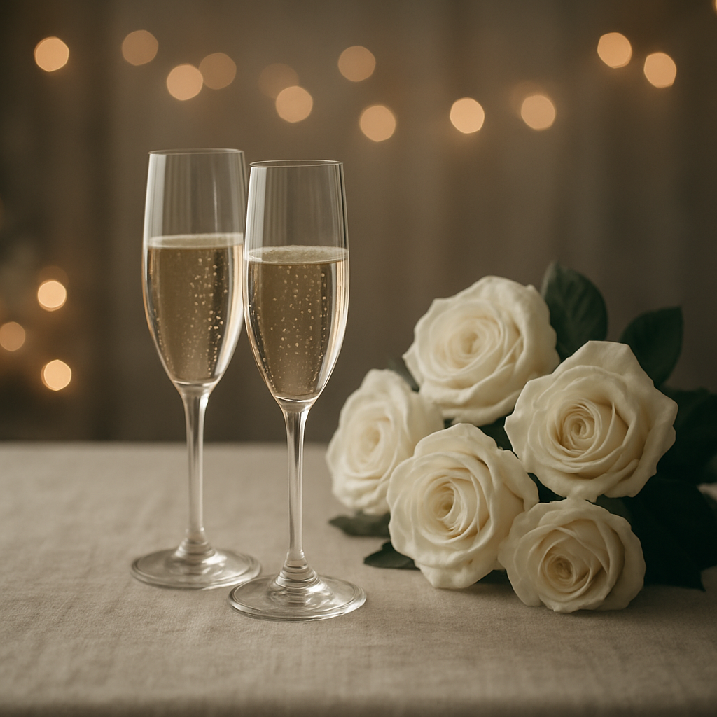 Hochzeitsdetail — Rosen und Champagner